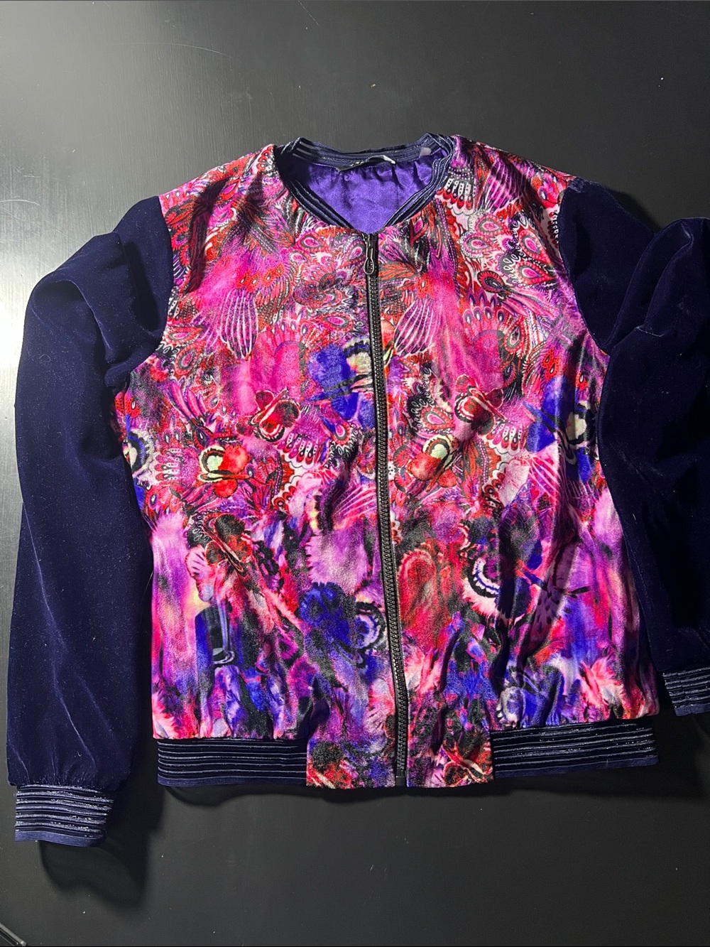 T Tahari Multicolor Floral Bomber Jacket with Deep Purple Sleeves